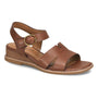 Wedge sandal in brown leather by Comfortiva Maira with memory foam footbed, ankle strap, and gold buckle.