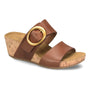 Sandal, brown leather with gold buckles, cork wedge sole, Comfortiva Elizabeth; visible memory foam footbed.