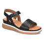 Sandal, black leather, Comfortiva Ash with open toe, memory foam footbed, white stripe and adjustable ankle strap.