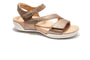 Sandal, metallic gold, by Halsa Footwear; features adjustable straps and a cushioned beige footbed for comfort.