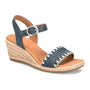 Sandal, navy fabric and espadrille, Sofft Inez with woven toe strap, ankle buckle, tan cushioned footbed on white background.
