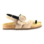 Sandal, tan suede Naot Baltimore with ankle strap, gold buckle, cork/latex footbed, flat sole; APMA accepted.
