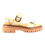 Sandal, beige leather Naot Trinity with lug sole, ankle strap, silver buckle, open toe; side view.