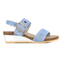 Sandal, light blue, Naot Dynasty with arch support, cork/latex footbed, gold buckle, and low wedge heel.
