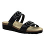 Sandal, black leather, twin strap, silver accents, cork wedge; Naot Ainsley Arch Pro with wide fit for bunion relief.