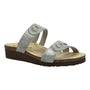 Sandal, Naot Ainsley Arch Pro, silver leather two-strap with cutouts, cushioned footbed, wide toe box, brown wedge sole.