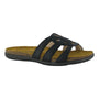 Sandal, black, Naot Liv, open toe with three straps, cushioned flat sole for comfort, shown on white background.