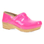 Shoe, bright pink Dansko XP 2.0 with tan sole, white stitching, designed for comfort and support.