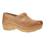 Clog, tan leather, Dansko XP 2.0 with closed toe, low heel, visible stitching, designed for workplace comfort and support.
