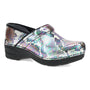 Clog, black sole, iridescent snakeskin finish; Dansko XP 2.0 slip-resistant with cushioned insole on white background.