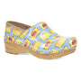 Clog, Dansko Xp 2.0, light blue with butter stick print, tan wooden sole, slip-resistant for comfort and support.