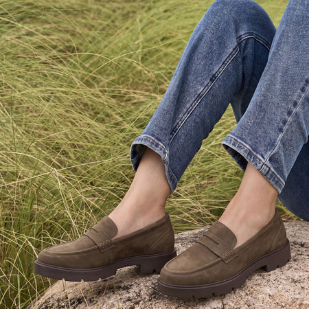 Model wearing Boulevard Loafer in color Coco