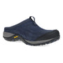 Clog, navy suede; Dansko Pia. Slip-resistant black sole, gray heel, yellow Vibram logo. Designed for comfort and support.