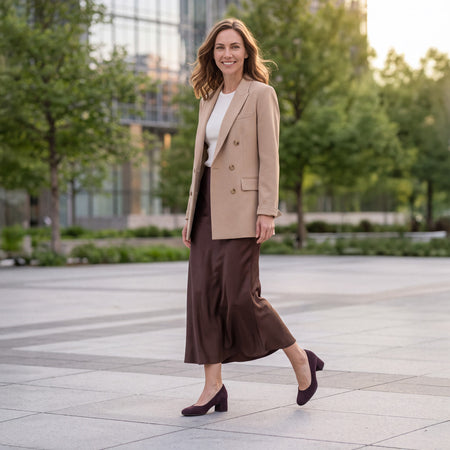 Model wearing Avenue Pump in color Chocolate