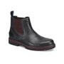 Boot, Align Rangley; black leather with brown panels, red-trimmed slip grip sole, pull tab; cushioned footbed visible.
