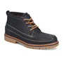 Chukka shoe, Align’s Rivers: black leather with orange laces, tan lug sole, weatherproof, visible cushioning for comfort.
