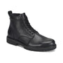 Boot, black leather, Align Ryder brand, weatherproof, lace-up, thick slip-resistant lug sole shown on white background.
