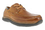 Shoe, brown leather Propet Pomeroy with laces, visible stitching, removable footbed, and black rubber sole.