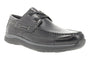 Shoe, Propet Pomeroy, black leather lace-up boat style with stitching, rubber sole for traction, angled right.