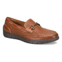 Loafer in brown Italian leather, Align Monza, perforated design, metal bit, thick black sole for support; side view.
