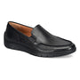Loafer by Align in black Italian leather with visible stitching, textured rubber sole, slip-on design, business casual style.