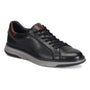 Sneaker, Align Shaw, black glove-soft leather with black laces, gray sole, dark red heel detail on white background.