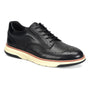 Shoe, black full-grain leather, Align Sterling hybrid wingtip oxford, perforations, white sole. Comfort-focused design.