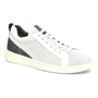 Shoe, Align Donovan, white and dark grey knit, stretch laces, cream sole, side view on white.