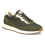 Shoe, olive Italian suede and nylon, retro jogger by Align with cushioned feel and orange stitching.
