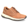 Shoe, brown leather, Align Burne lace-up with arch support, white and gray sole, shown at side and front angles.