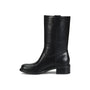 Boot, black hand-finished leather, low block heel, Sofft Tabitha, side view on white background.