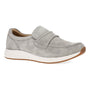 Slip-on shoe, gray suede, Dansko Clementine, wide strap, removable footbed, white sole with brown outsole.