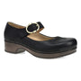 Clog, black leather, Dansko Bonny Mary Jane, round toe, chunky heel, gold buckle, cushioned footbed for comfort.