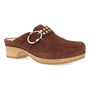 Clog, brown suede upper, low wooden heel, gold buckle and studs. Dansko Branson. Designed for all-day foot support.