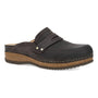 Clog, black burnished leather, visible stitching, thick brown sole by Dansko Maggy. Designed for comfort and support.