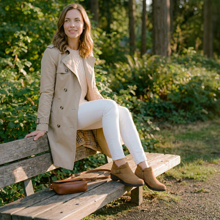 Model wearing Compass Shootie Metatarsal in color Brown Sugar