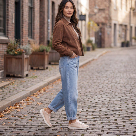 Model wearing Encore Retro Sneaker Metatarsal in color Sand