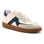 Shoe, ABEO Encore Court in beige and navy with suede and leather panels, gum sole, and visible arch support.