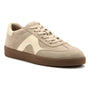 Sneaker, beige suede with cream accents and brown sole, ABEO Encore Court, visible supportive arch support.
