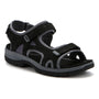 The ABEO Goleta Trail is a women's black and gray open-toe hiking sandal with adjustable hook-and-loop straps and a rugged sole, displayed on a plain white background; designed for outdoor or casual use, it features a supportive orthotic footbed to deliver enhanced comfort on every adventure.