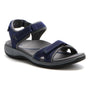 Sandal, navy blue ABEO Goleta Metatarsal with Velcro straps, orthotic footbed, and dark sole on white background.