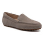 Loafer, ABEO Harbor, gray suede with stitched toe, brown rubber sole, visible arch support on white background.