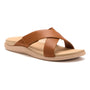 Sandal, brown leather, ABEO Laguna Slide Metatarsal with cross-over straps, orthotic footbed, beige sole.