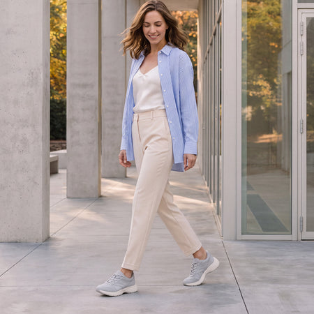 Model wearing Momentum MXV Stride Leather in color Grey
