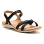 Sandal, ABEO Oasis Cross, black straps, cushioned beige sole, arch support, womens fit on white background.