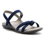 Sandal, blue, ABEO Oasis Cross Metatarsal with dual front straps, ankle strap, arch support, gray cushioned sole.