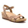 Sandal, tan suede ABEO Riviera II Buckle Metatarsal with ankle strap, arch support, and low beige platform sole.