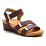 Sandal, brown leather, ABEO Riviera II Strap, orthotic footbed, 3 gold-detailed straps, ankle strap, angled view.
