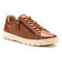 Sneaker, brown leather, ABEO Roam Lace, tan sole, side zipper, visible stitching, orthotic footbed for support.