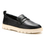 Shoe, black leather ABEO Roam Loafer with arch support and ridged white rubber sole, shown isolated.